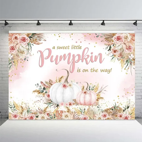 Miniatura 7 de MEHOFOND Telón de fondo bohemio de calabaza de otoño de 7 x 5 pies para niñas, diseño floral rosa con texto en inglés "A Sweet Little Pumpkin Is On