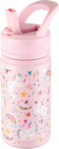 Miniatura 25 de Fanhaw Botella de agua aislada para niños de 14 onzas con tapa de pajita – Acero inoxidable de doble pared al vacío, a prueba de fugas, botellas