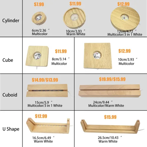 Miniatura 9 de Pedestal de pantalla de luz LED, soporte base de lámpara de madera de haya para acrílico y plexiglás, lámpara de mesa LED de madera para el hogar 3D