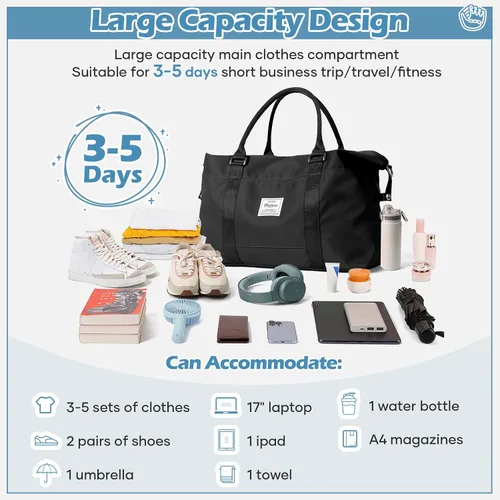 Miniatura 7 de Pequeña bolsa de gimnasio negra para mujer, elegante bolsa de viaje para avión, bolsa de lona ligera para mujeres y hombres, bolsa