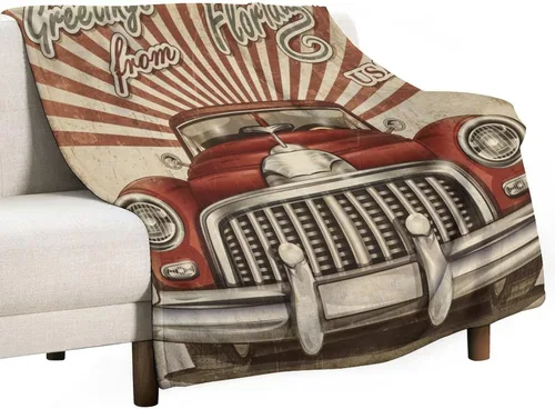 Miniatura 77 de Manta de motocicleta antigua, rústica y clásica, con temática de auto clásico, ruta de EE. UU., 66, patrón impreso, manta de franela súper suave