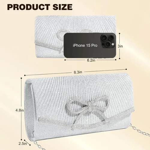 Miniatura 6 de Bolso de noche para mujer, bolsos de mano con lazo brillante, bolsa cruzada, bolsa de boda, fiesta de diamantes de imitación con purpurina