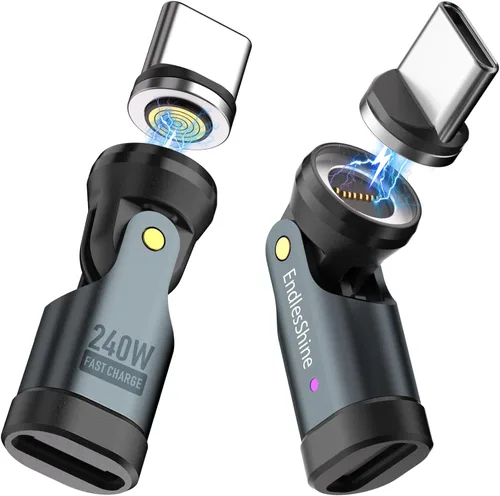 Miniatura 8 de Adaptador magnético USB C a C, 240 W PD de carga rápida de 480 Mbps de datos de 9 pines, conector de ruptura giratorio de 540°, indicador LED