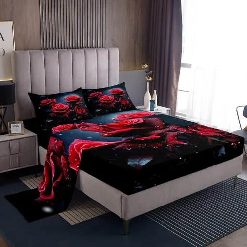 Miniatura 26 de Juego de sábanas femeninas de flores de rosas rojas, tamaño individual, juego de ropa de cama para el día de San Valentín, decoración de habitación