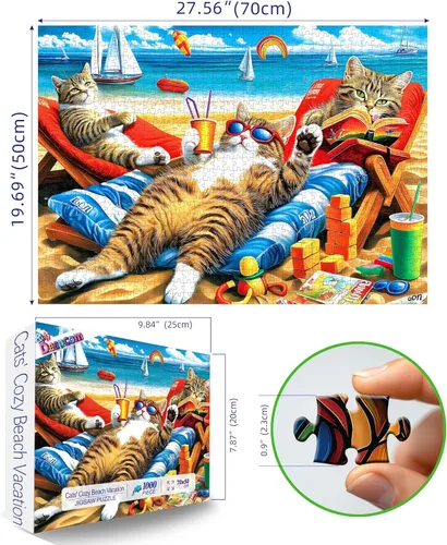 Miniatura 2 de Rompecabezas de playa vibrante para adultos de 1000 piezas, divertido escena de vacaciones de verano, 27.56 x 19.69 pulgadas, alivio del estrés