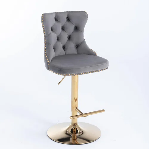 Miniatura 5 de Taburete de bar giratorio ajustable de altura de mostrador, silla de bar tapizada de terciopelo dorado con base cromada con respaldo acolchonado