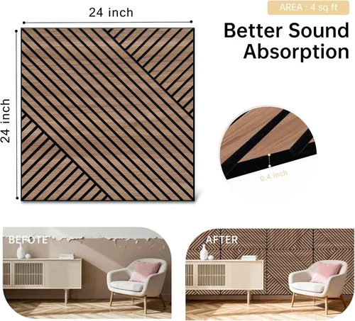 Miniatura 5 de Mollywell Paneles de pared acústicos artísticos, 23.6 x 23.6 pulgadas, paquete de 8 unidades, chapa de grano de madera de PVC, decoración de pared