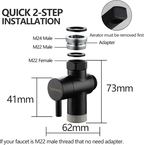 Miniatura 7 de Tecmolog Diveter de fregadero de latón Válvula desviadora de grifo de 3 vías con aireador de 2 modos y adaptador roscado macho M22 x M24, negro
