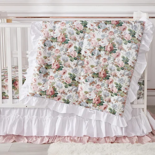 Miniatura 9 de Brandream Juego de ropa de cama de cuna para niñas, juego de guardería floral de jardín de 3 piezas edredón de bebé con volantes, sábana de cuna