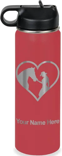 Miniatura 9 de LaserGram Botella de agua personalizada, corazón de vaquera de caballo, acero inoxidable de doble pared aislada al vacío con popote superior, regalo