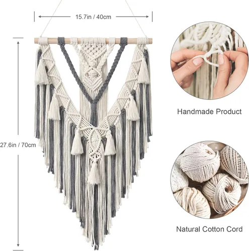 Miniatura 3 de Dremisland - Tapiz tejido de macramé para colgar en la pared, estilo bohemio geométrico, en beige y gris, de algodón hecho a mano, decoración