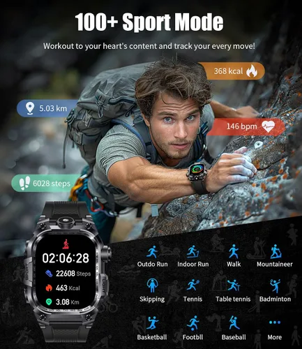 Miniatura 5 de Relojes inteligentes militares para hombre (respuesta/hacer llamadas), reloj inteligente deportivo con pantalla HD de 2.01 pulgadas con linterna LED
