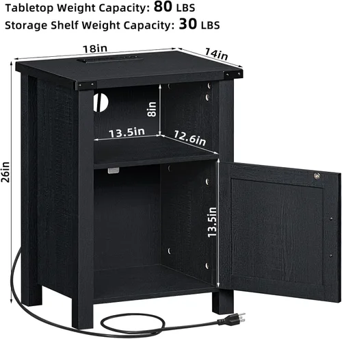Miniatura 2 de Joaxswe Mesita de noche rústica de 18 pulgadas con estación de carga y puerto USB, mesa auxiliar rústica para sofá con puerta magnética, mesas Negro