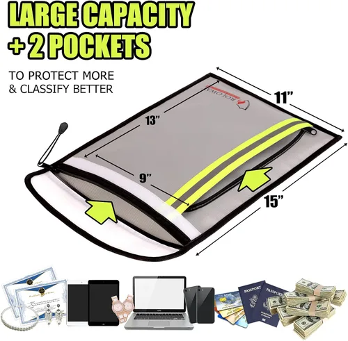 Miniatura 2 de ROLOWAY Bolsa grande ignífuga para documentos con 2 bolsillos y bolsa de dinero ignífuga (paquete de 4)
