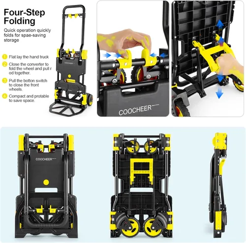 Miniatura 4 de Carretilla de Mano Plegable de 330 Libras para Carga Pesada, Combinación de Cuatro Ruedas y Dos Ruedas, Carrito Convertible con Mango Retráctil