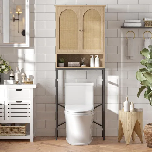 Miniatura 11 de Gabinete de almacenamiento sobre el inodoro con puertas estilo granja y estante ajustable, organizador de baño alto con soporte de metal que ahorra