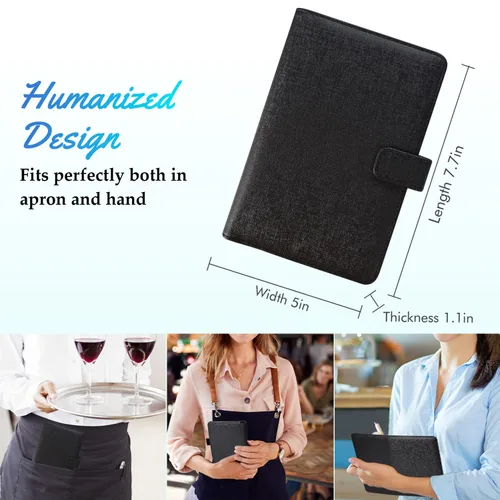 Miniatura 4 de Libreta para camarera de cuero para camarera, organizador de libro con bolsillo con cremallera, lindo libro de camarero con cierre magnético, negro