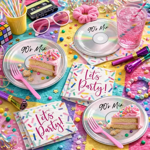 Miniatura 3 de Suministros para fiestas de los 90 – Platos redondos de postre de papel con CD de los años 90 y servilletas de confeti "Let's Party