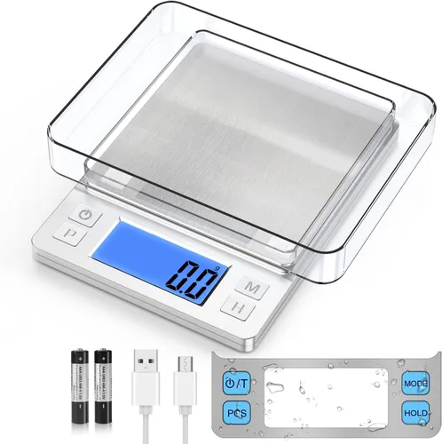 BOMATA Báscula de alimentos pequeña mejorada, 0.1 g/0.001 oz de alta precisión, 3000 g/6.6 lb, con nueva función de retención y pantalla más grande,