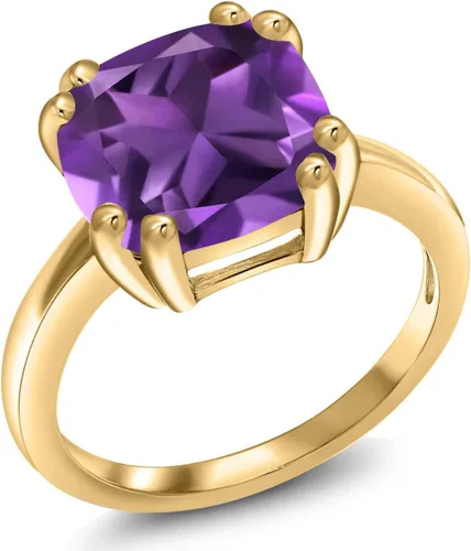 Gem Stone King 3-5 Cttw Gemstone Birthstone Double Prong Solitaire Ring for Women | 18K Yellow Gold Plated Silver | Cushion 10MM | Anniversary