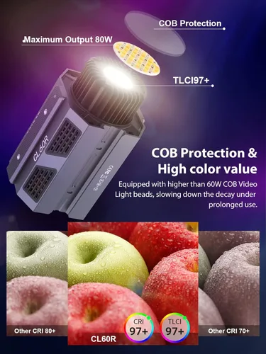 Miniatura 4 de Luz de video, COLBOR CL60R RGB COB Iluminación de salida continua 65W 2700-6500K Luz de estudio LED a todo color CRI97+ TLCI98+ 13 efectos