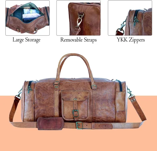Miniatura 4 de Bolsa de cuero de lona de 32 pulgadas, grande, para viaje, gimnasio, deporte, fin de semana, de noche, por Komal's Passion Leather, Marrón, Classic