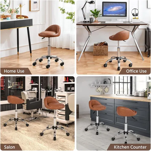 Miniatura 3 de Yaheetech Taburete Rodante Ajustable Taburetes Giratorios Silla con Ruedas y Soporte para la Espalda Redondo Tatuaje Cuero PU Taburetes de Salón