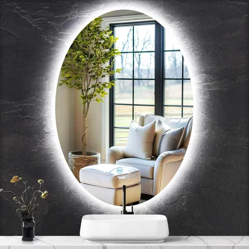 Espejo de tocador ovalado iluminado de 16 x 24 pulgadas con luces, memoria inteligente, 3 colores regulables, antivaho de 24 pulgadas, espejo