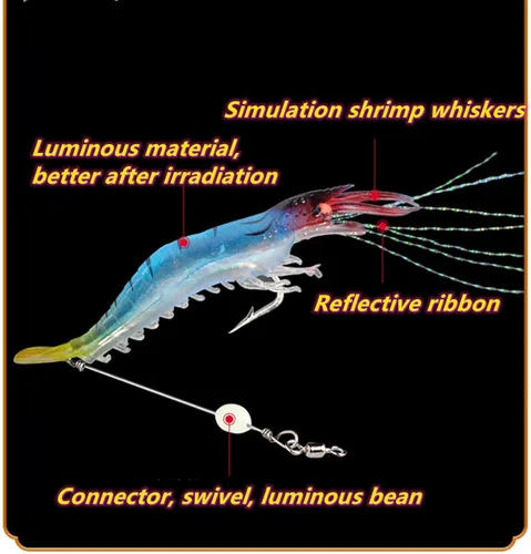 Miniatura 4 de Juego de 30 señuelos de plástico suave para pesca de simulación, juego de señuelos de camarón Lumionous, tamaño universal de 3.2 pulgadas, 1/8