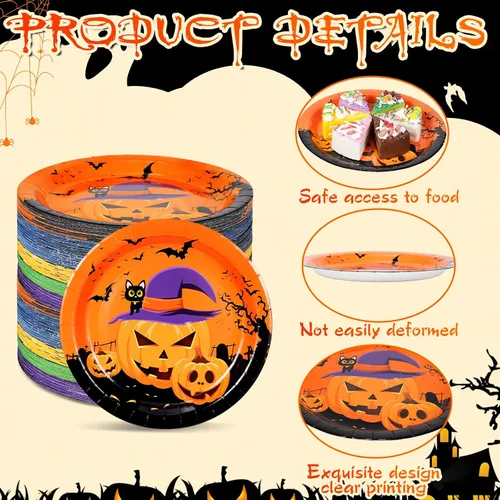 Miniatura 3 de Uiifan 120 platos redondos de papel de Halloween, fantasmas, calabaza, calavera, araña, diseño de telaraña, para suministros de decoración de fiesta
