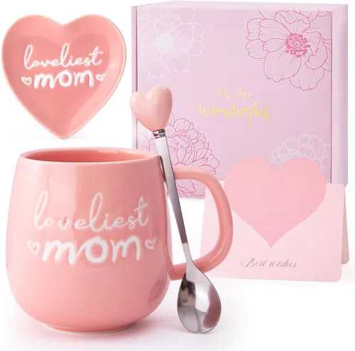 Regalos para mamá de hija hijo, regalos de cumpleaños para mamás – Taza de café para el día de la madre – Juego de regalo de plato de joyería para