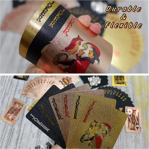 Miniatura 3 de 3 barajas de cartas impermeables de plástico para jugar cartas de póquer, color negro y oro rosa, cartas temáticas estándar de póquer impermeables