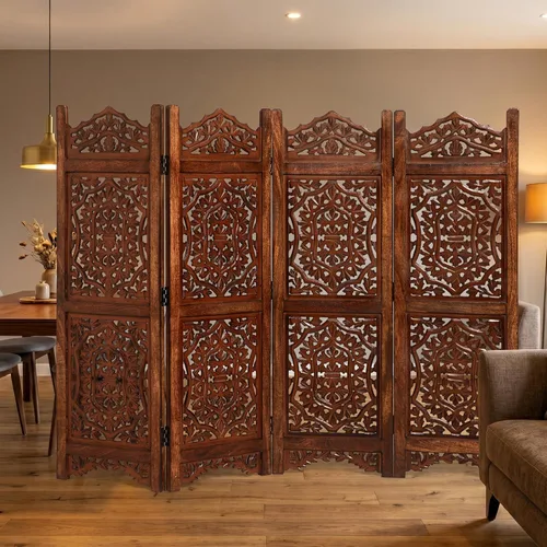 Miniatura 3 de Lightnpro 4 Panel Royal Octagon Wooden Room Divider 64"(W) x 48"(H) Handmade Heart Design Partition, Intricately Carved, Hinged & Foldable