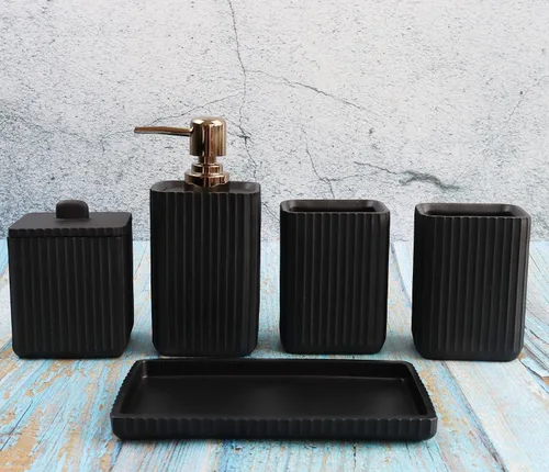 Miniatura 4 de Hymmah Juego de accesorios de baño negro, juego de baño de diseño único, juego de regalo de resina de 5 piezas, necesidades de apartamento, contiene