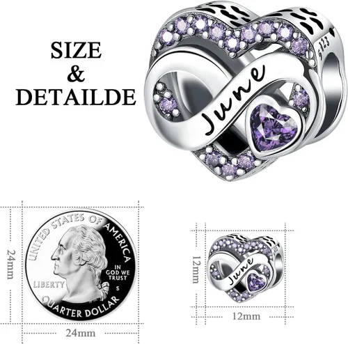 Miniatura 6 de Abalorio de piedra natal de noviembre de plata de ley 925 para pulsera, collar, día de la madre (junio), Plata esterlina