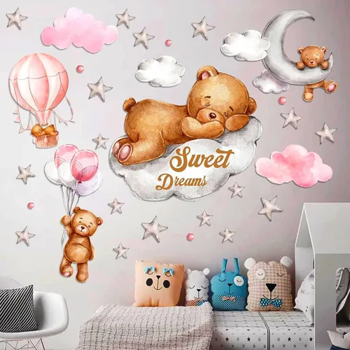 Miniatura 8 de Decoración de Pared de Oso Teddy con Luna y Estrellas - Adhesivos de Oso Dormido para Pared, Decoración para Habitación de Bebé y Guardería
