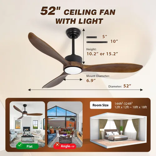 Miniatura 5 de Ventilador de techo de madera marrón de 52 pulgadas con luz y control remoto, motor de CC silencioso, 6 niveles de velocidad, luces regulables