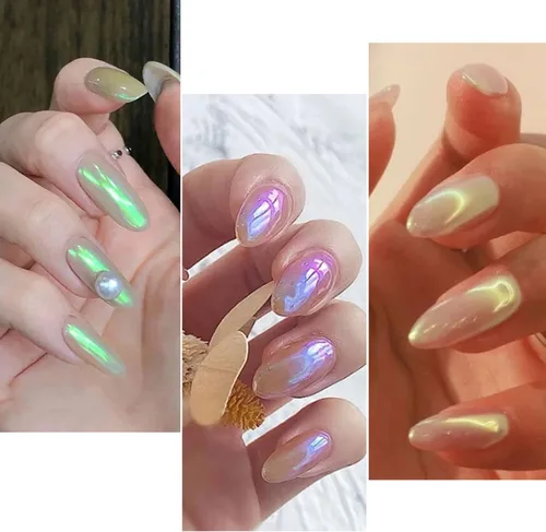 Miniatura 5 de 6 frascos de polvo de uñas cromado de sirena, polvo de uñas Aurora iridiscente perla polvo de arte de uñas efecto espejo metálico pigmento purpurina