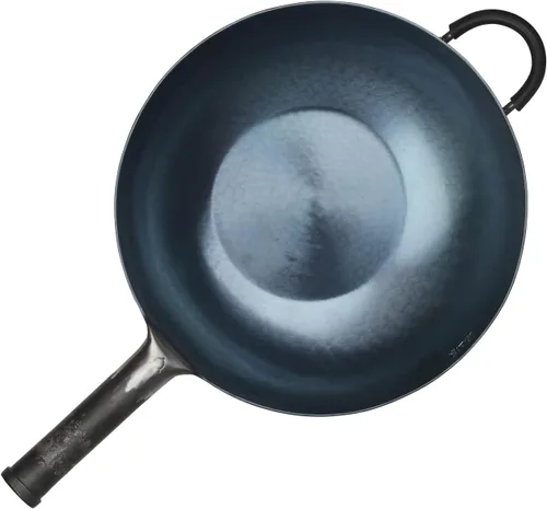 Miniatura 14 de ZhenSanHuan Wok de Hierro Martillado a Mano con Fondo Plano Apto para Inducción (32CM, Mango de Hierro)