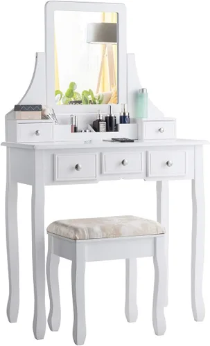Miniatura 6 de CHARMAID Juego de tocador de maquillaje con espejo y taburete acolchado, tocador con 5 cajones y organizadores de almacenamiento extraíbles, mesa