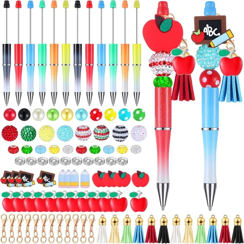 Jutom 12 Bolígrafos de Maestro con Cuentas con 50 Cuentas Coloridas 12 Borlas 12 Colgantes Cuenta Focal de Silicona para Kit de Manualidades DIY