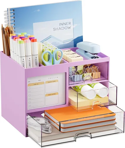 Miniatura 9 de Marbrasse Organizador de Escritorio con 3 Cajones, Soporte Multifuncional para Lápices y Bolígrafos para Escritorio, Organizador de Escritorio