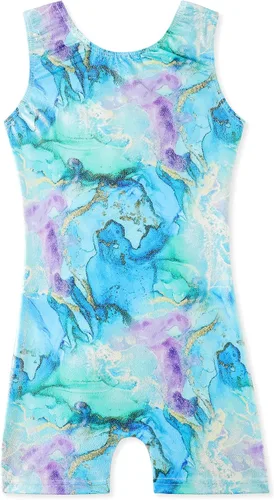 Miniatura 152 de HOZIY - Leotardos de gimnasia con pantalones cortos brillantes para niñas pequeñas; estampados de unicornio, aurora, arco iris, sirena, dinosaurio
