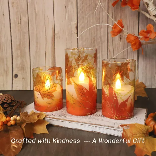 Miniatura 4 de Crystal Club Velas sin llama de otoño, hojas de arce de otoño, velas LED parpadeantes con control remoto y temporizador, velas de pilar con efecto