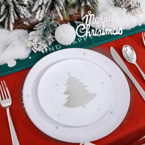 Miniatura 7 de WDF 50 platos de plástico plateados, platos de plástico de Navidad con árbol de Navidad, platos desechables blancos y plateados resistentes