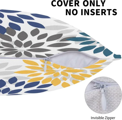 Miniatura 3 de Fundas de almohada azul marino y amarillo de 18 x 18 pulgadas, color verde azulado y gris, funda de almohada moderna con flores de dalia, 2 piezas