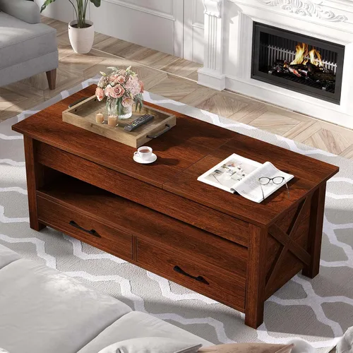 Miniatura 2 de Seventable - Mesa de café, mesa de centro con elevación de 47.2" con 2 cajones de almacenamiento y compartimento oculto, mesa central de granja