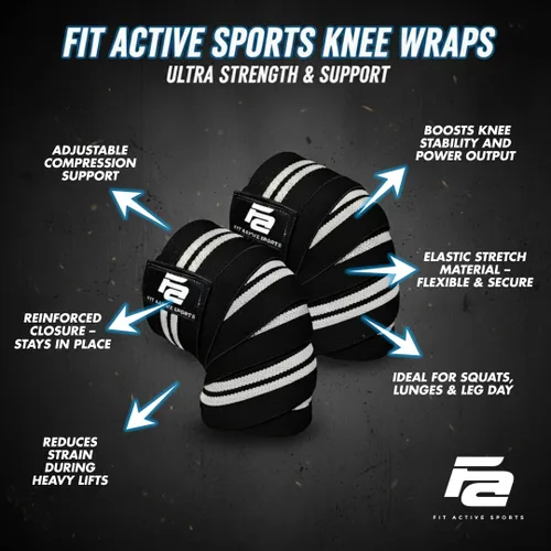 Miniatura 2 de Fit Active Sports Rodilleras para levantamiento de pesas, correas elásticas de soporte de rodilla de 72 pulgadas con cierre de gancho y bucle Blanco