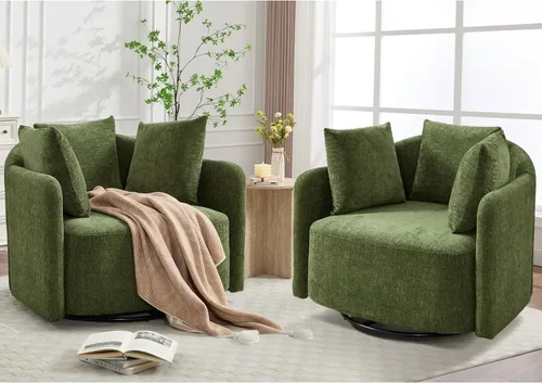Miniatura 11 de ANJ Juego de 2 sillas giratorias de barril con almohada regordeta, silla decorativa de terciopelo holandés de canal moderno, cómodo sillón redondo