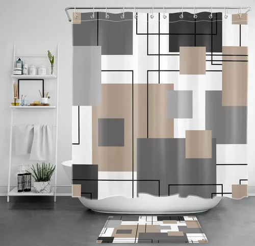 Miniatura 36 de LB Cortina de ducha geométrica a rayas grises y blancas, cortinas de ducha abstractas de mediados de siglo verde salvia para baño, 72 x 72 pulgadas
